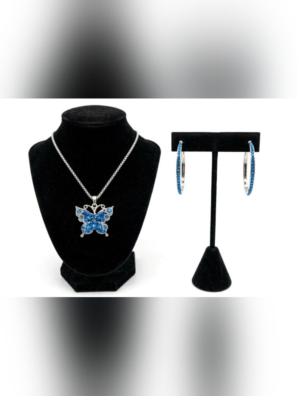 2/$40.     Blue Crystal Butterfly Pendant Necklace and Hoop Earrings Set